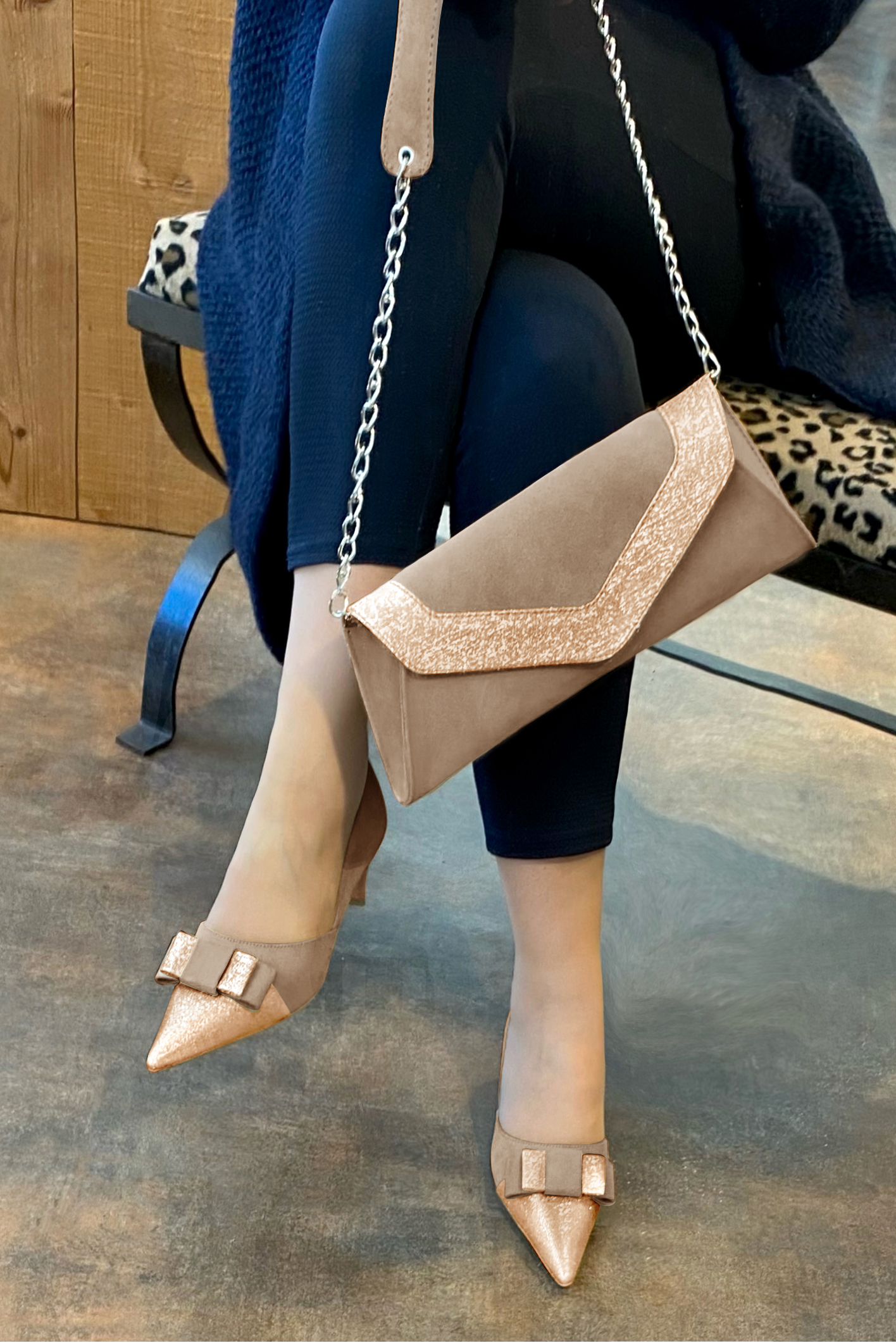 Powder pink and biscuit beige women's open arch dress pumps. Pointed toe. Medium slim heel. Worn view - Florence KOOIJMAN